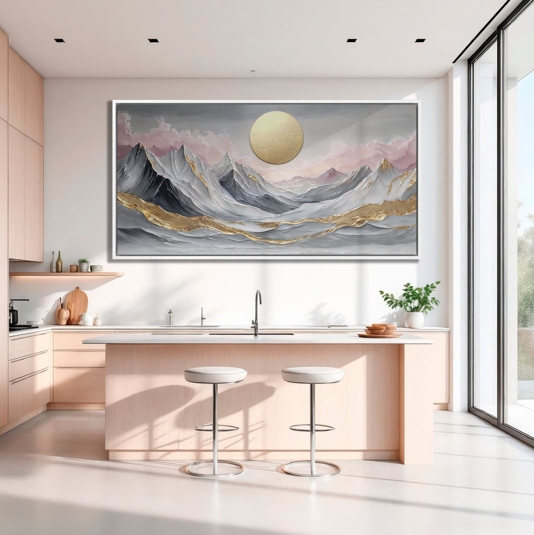 Framed Wall Art: Abstract mountain landscape in gray, gold, and pink. Modern art canvas print adds elegance to a kitchen interior.