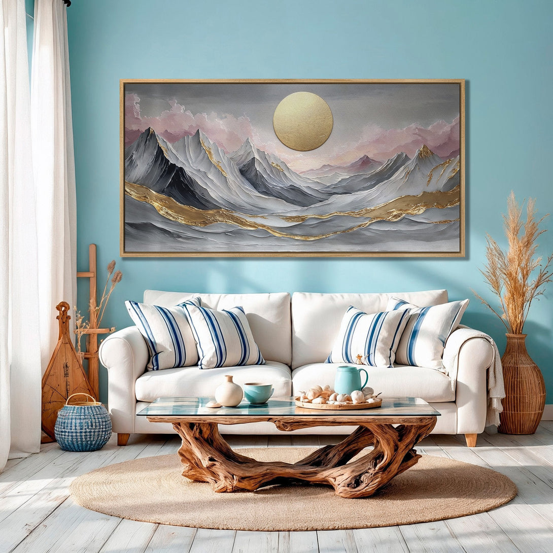 Framed Wall Art: Abstract mountain landscape Canvas Print in gray, gold, and pink tones. Modern art for a stylish home.