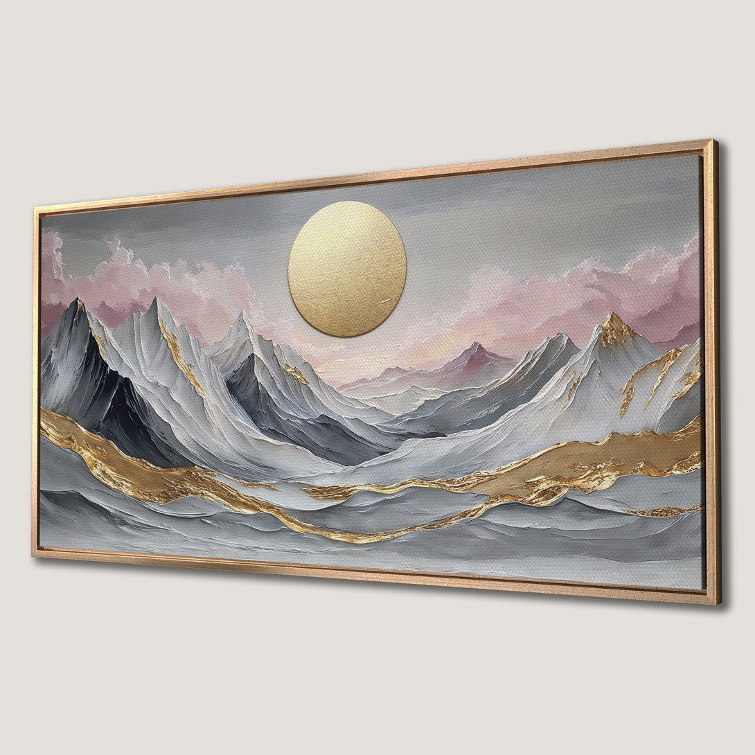 Framed Wall Art: Abstract mountain landscape Canvas Print with gold accents, featuring a serene color palette of gray, gold, and pink. Elevate your space!