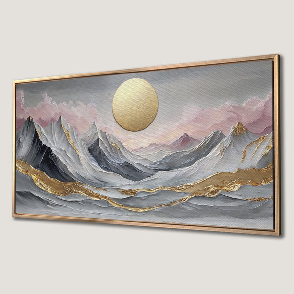 Framed Wall Art: Abstract mountain landscape Canvas Print with gold accents, featuring a serene color palette of gray, gold, and pink. Elevate your space!
