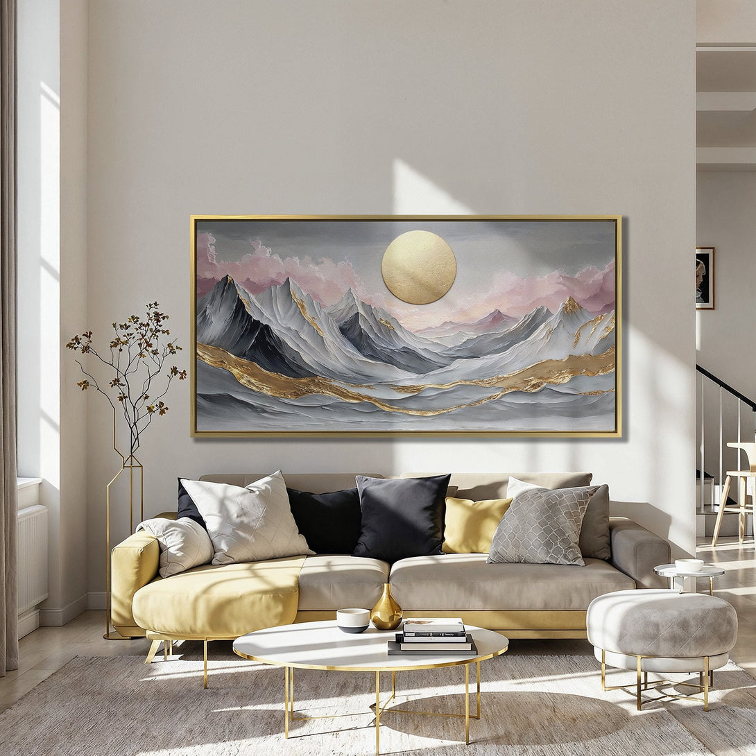 Canvas Print of abstract mountain landscape in gray, gold, and pink tones, perfect for modern home decor.