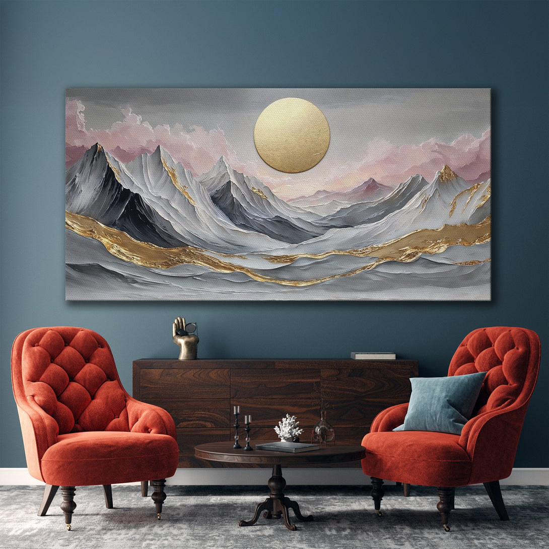 Framed Wall Art: Abstract mountain landscape Canvas Print with gold accents. Modern art in gray, pink, and gold color palette, perfect for living room decor.
