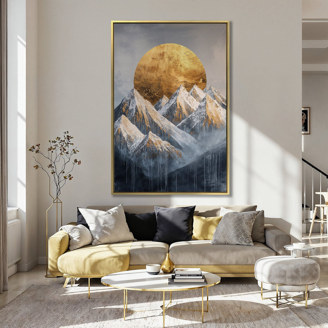 Canvas Print of a mountain landscape with a golden sun. Modern art in a blue, gold, and white color palette. Perfect wall decor for your home.
