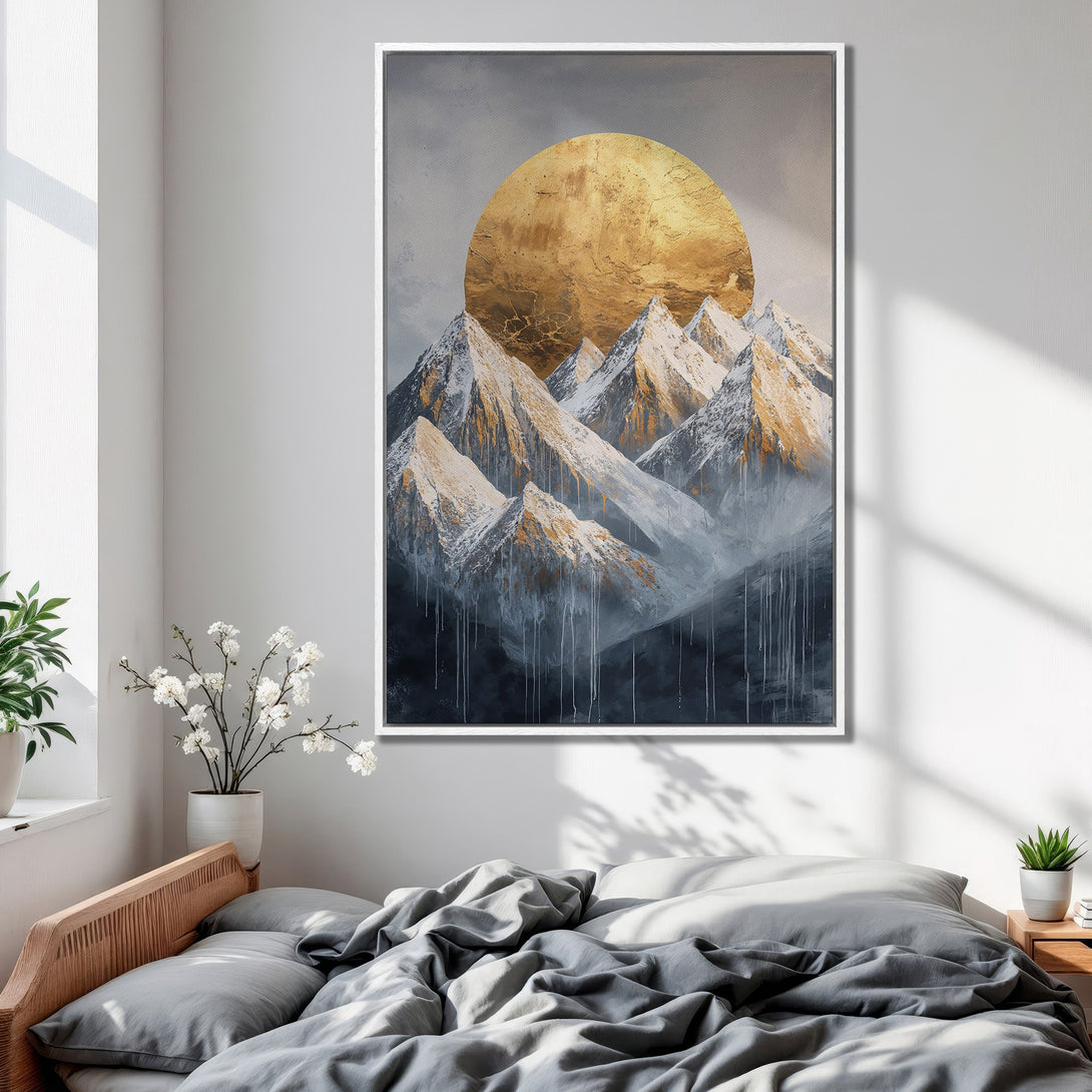 Framed Wall Art: Abstract mountain landscape in gold, gray, and white. Modern canvas print adds a touch of elegance to any bedroom decor.