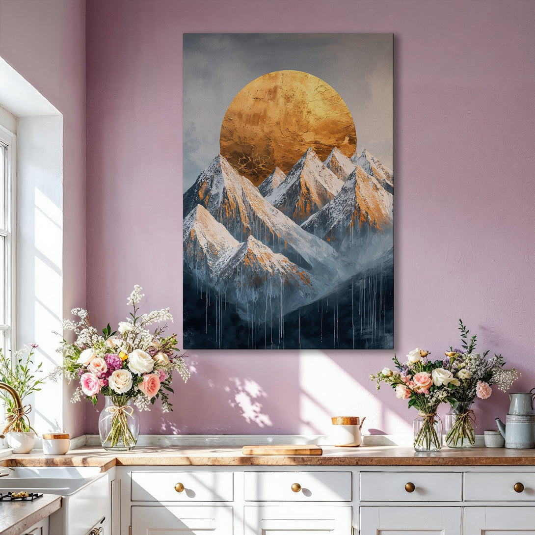 Framed Wall Art: Abstract mountain landscape in gold, gray, and blue. Modern canvas print adds a touch of elegance to any living room. Shop now!