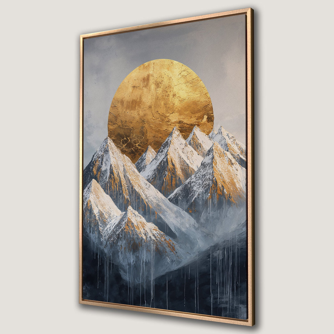Framed Wall Art featuring a stunning mountain landscape with a gold sun. Modern abstract style with a cool, muted color palette. Add a touch of elegance to your space!