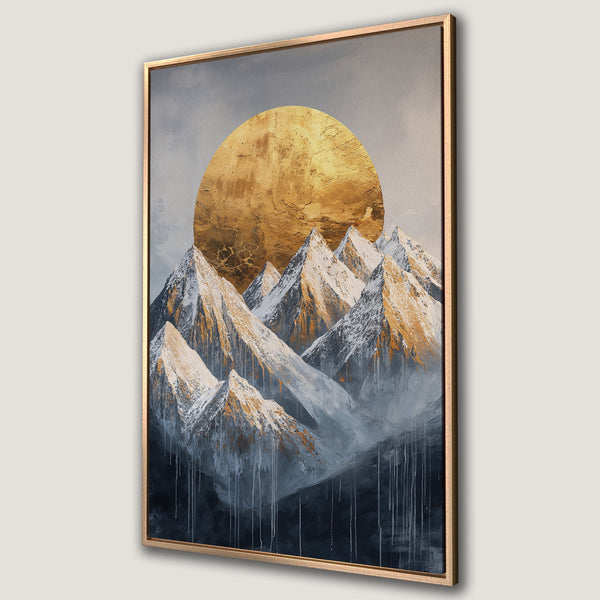 Framed Wall Art featuring a stunning mountain landscape with a gold sun. Modern abstract style with a cool, muted color palette. Add a touch of elegance to your space!