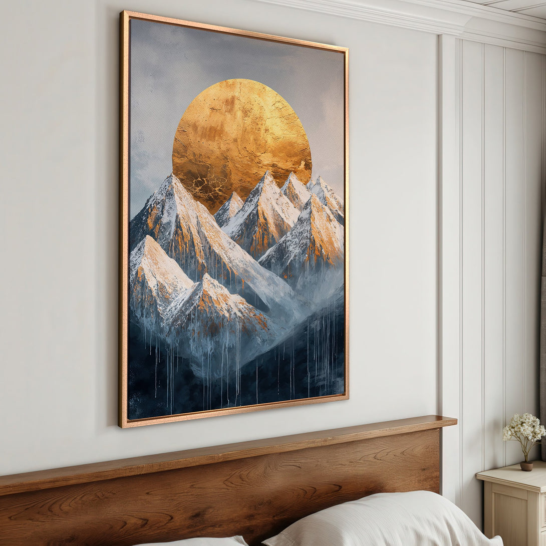 Framed Wall Art: Abstract mountain landscape with gold sun. Modern art in blue, gold, and white. Perfect for bedroom decor.