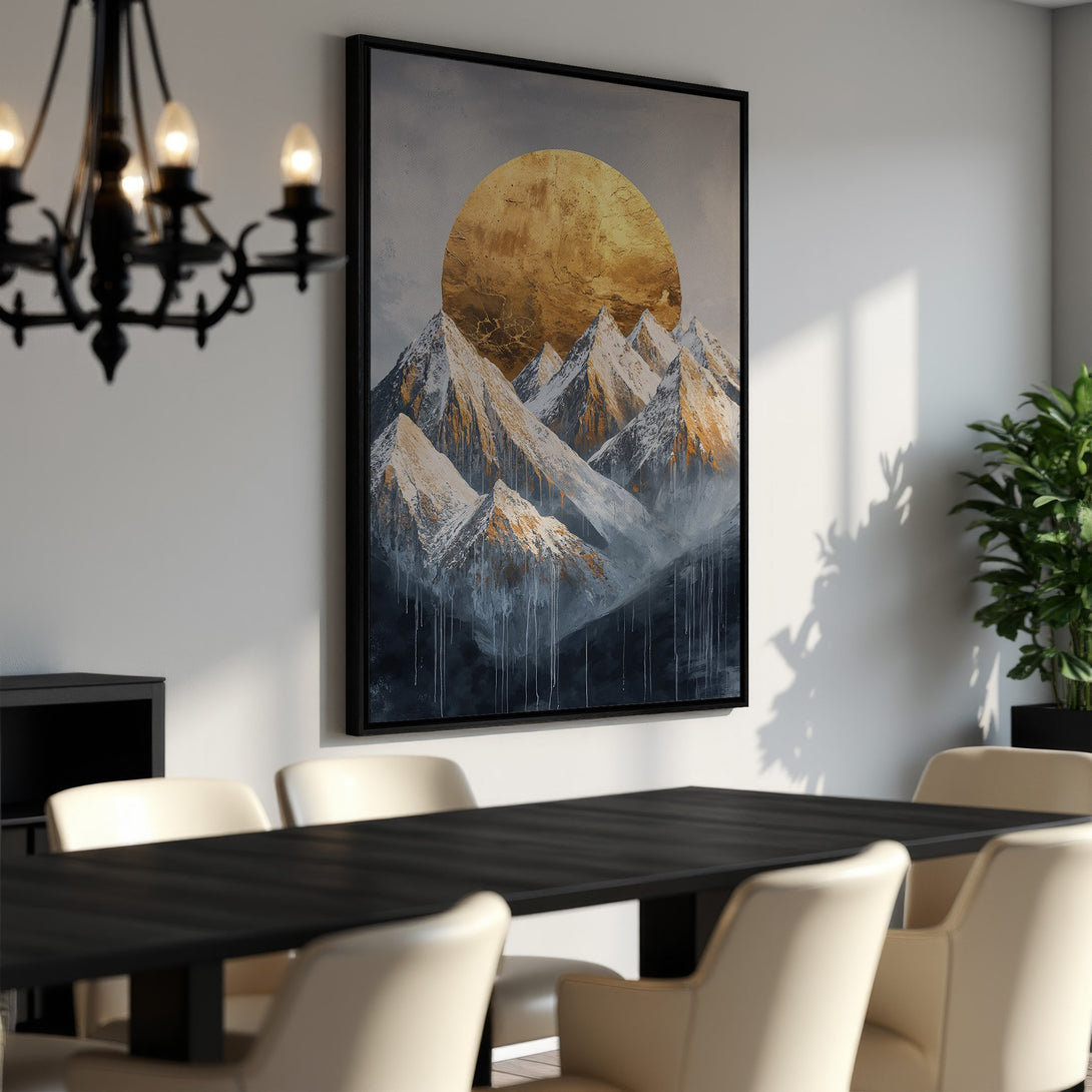 Framed Wall Art: Abstract mountain landscape Canvas Print with gold and blue tones. Modern art for dining room decor.
