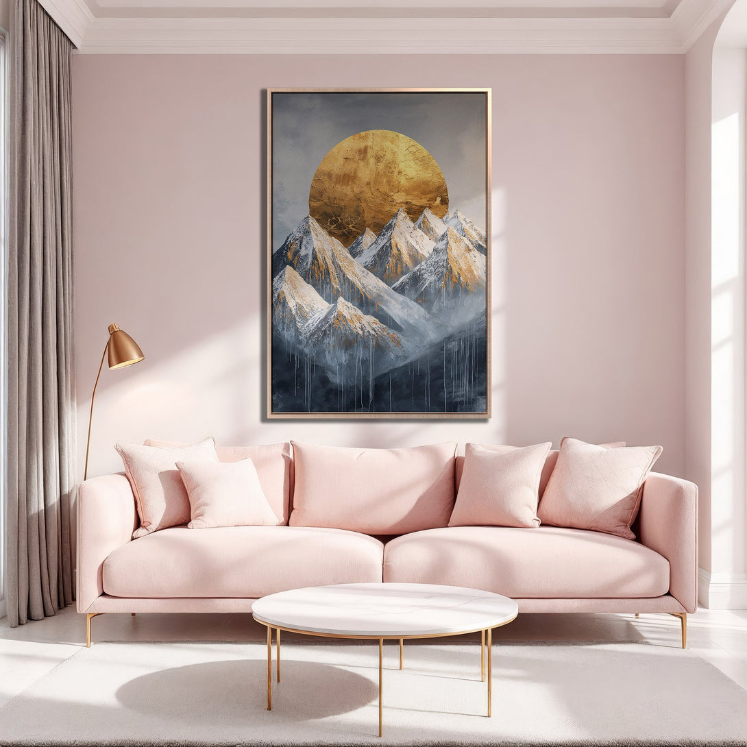 Framed Wall Art featuring a golden mountain landscape in a modern style. Soft pink and gold color palette, perfect for adding elegance to your space.