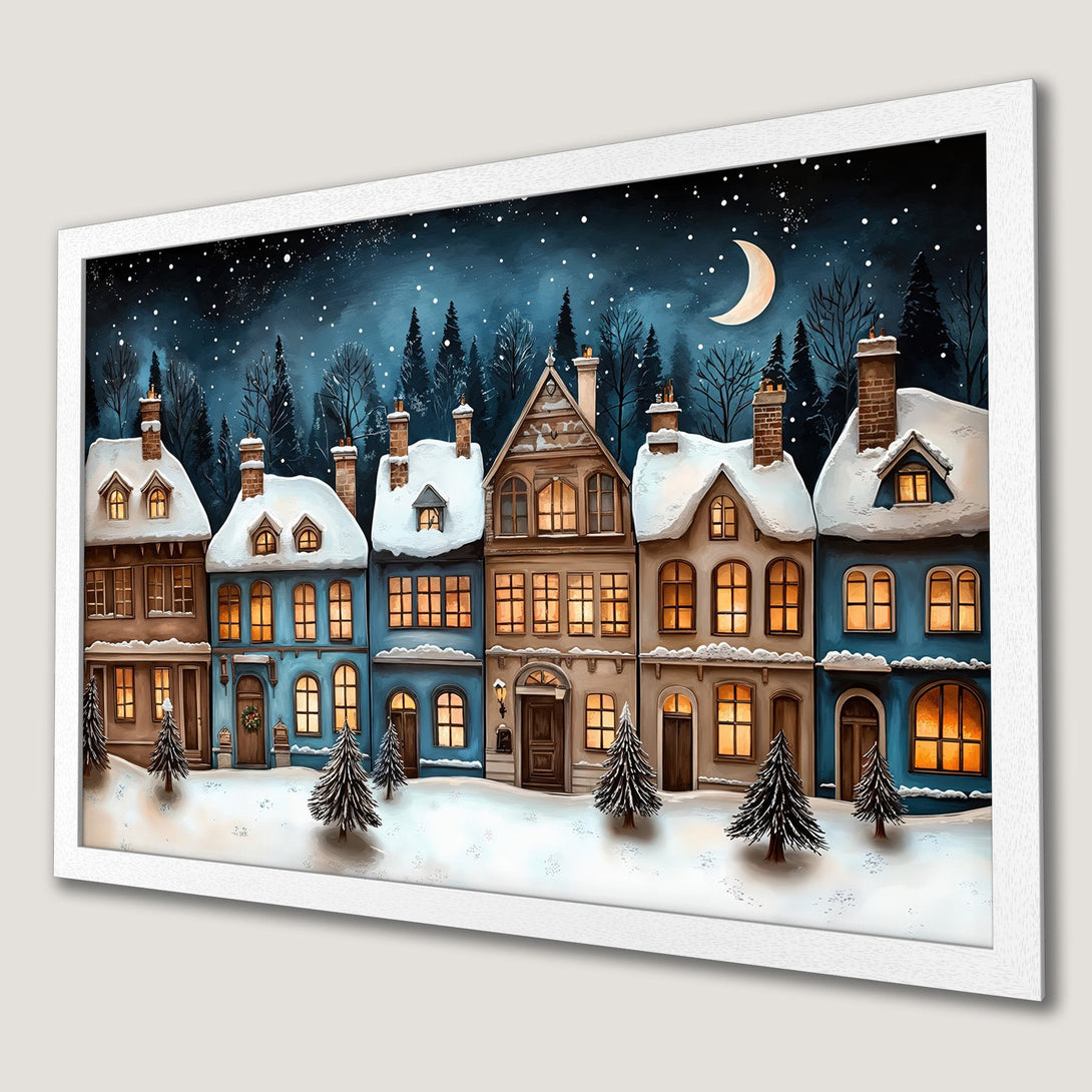 Framed Poster of a winter village scene. Charming illustration style with a blue, brown, and white color palette. Perfect holiday decor.