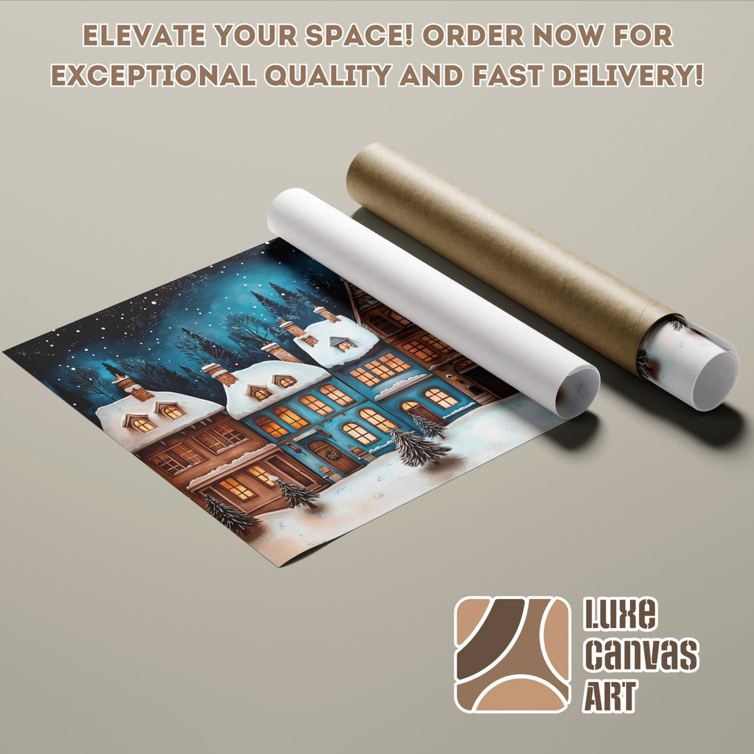 Winter village poster roll art print, blue & warm color palette. Elevate your space with this beautiful Poster!