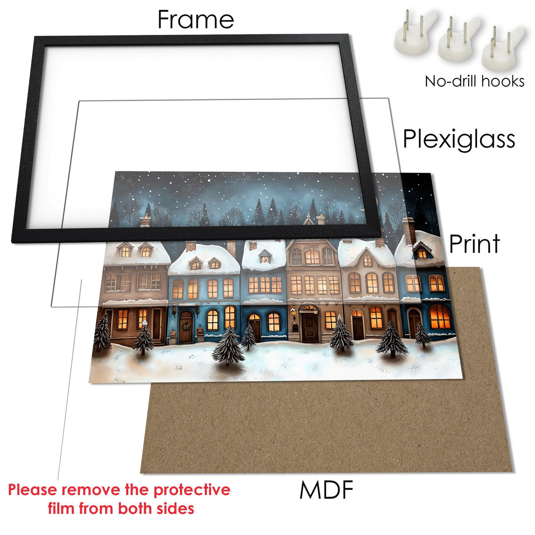 Framed Poster: Winter village scene art print in blue, beige, and warm tones. Perfect holiday decor!