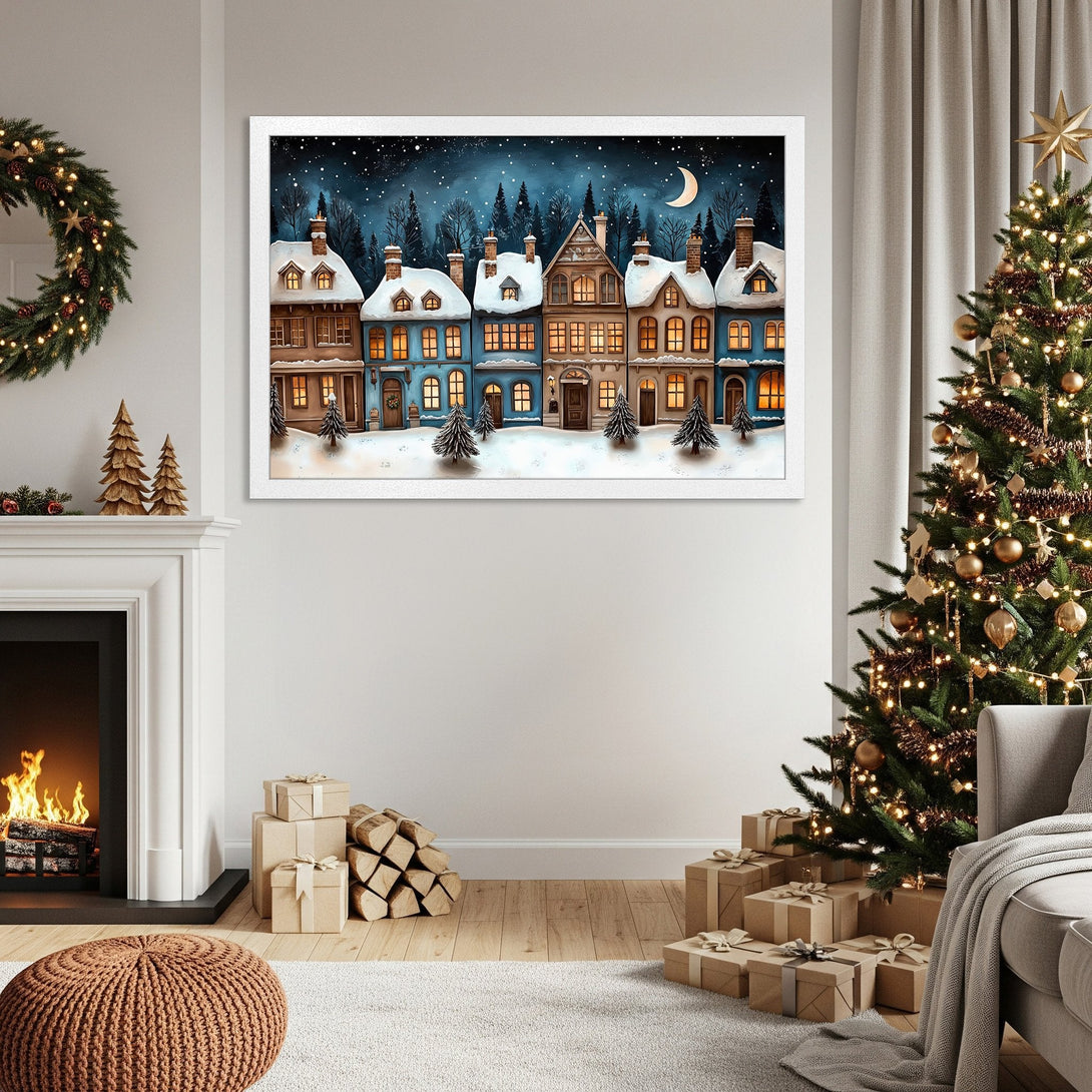 Framed Poster featuring a winter village scene. Charming illustration style with blue, brown, and white color palette. Perfect holiday decor!