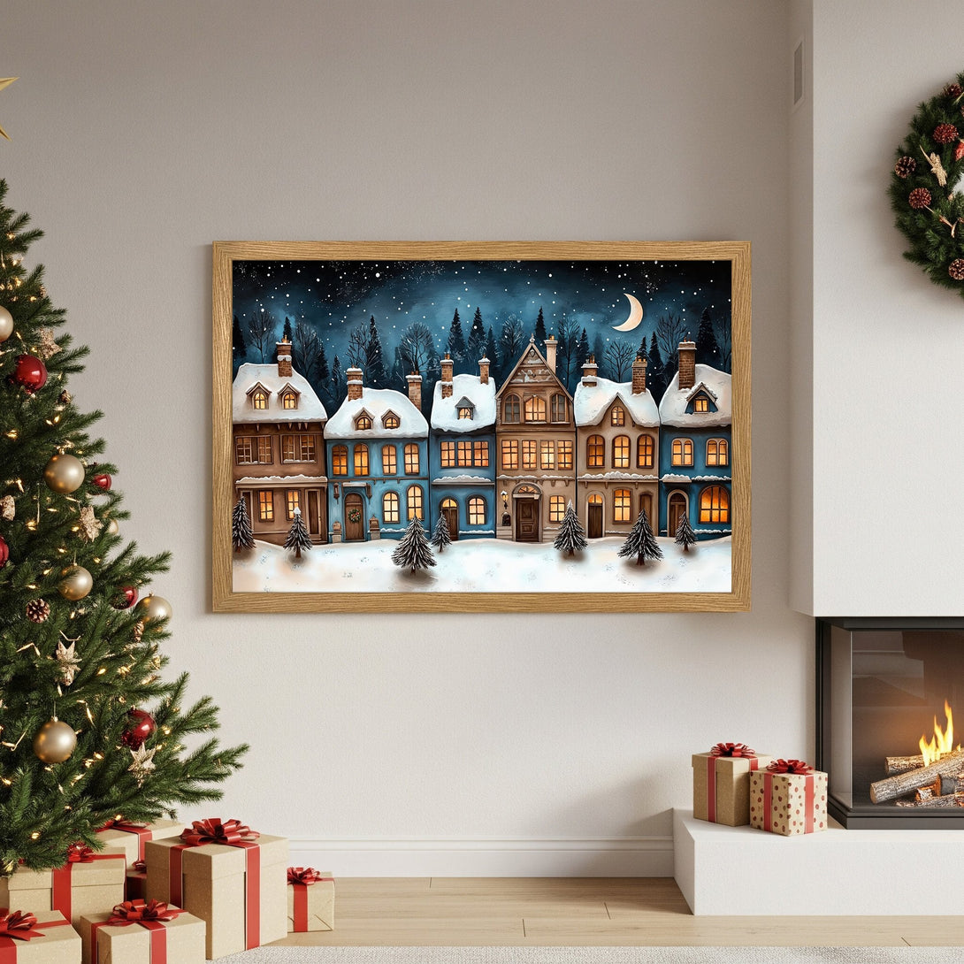 Framed Poster featuring a winter village scene. Cozy illustration with blue, brown, and gold tones. Perfect Christmas decor!