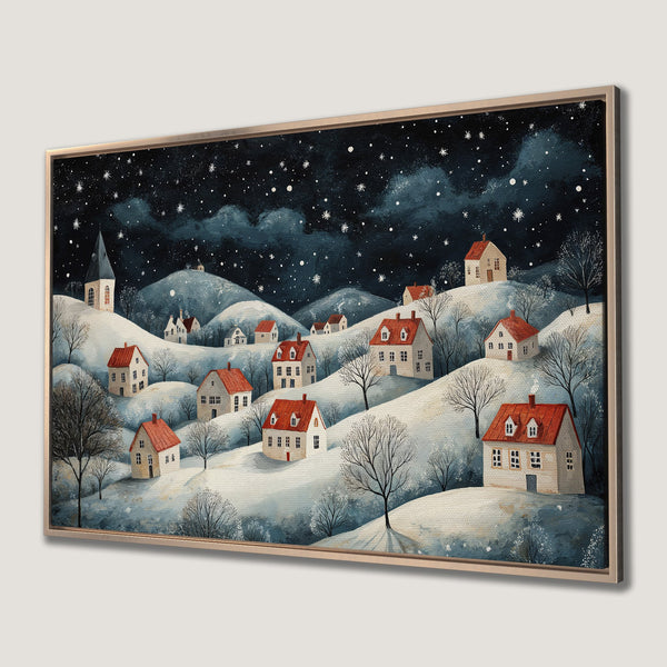 Framed Wall Art: Winter village scene with red-roofed houses under a starry night sky. Cozy art in blue, white, and red tones for a warm interior.