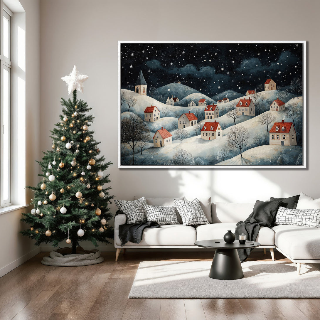 Framed Wall Art: Winter village scene in watercolor style. Features snowy hills, red-roofed houses, and a starry night sky. Perfect for cozy home decor.