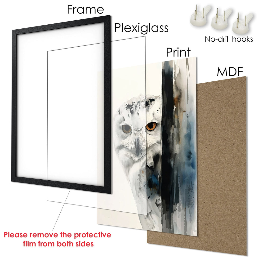Framed Poster featuring a watercolor owl in a black frame. Soft, neutral color palette with white, gray, and brown tones. Perfect wall art!