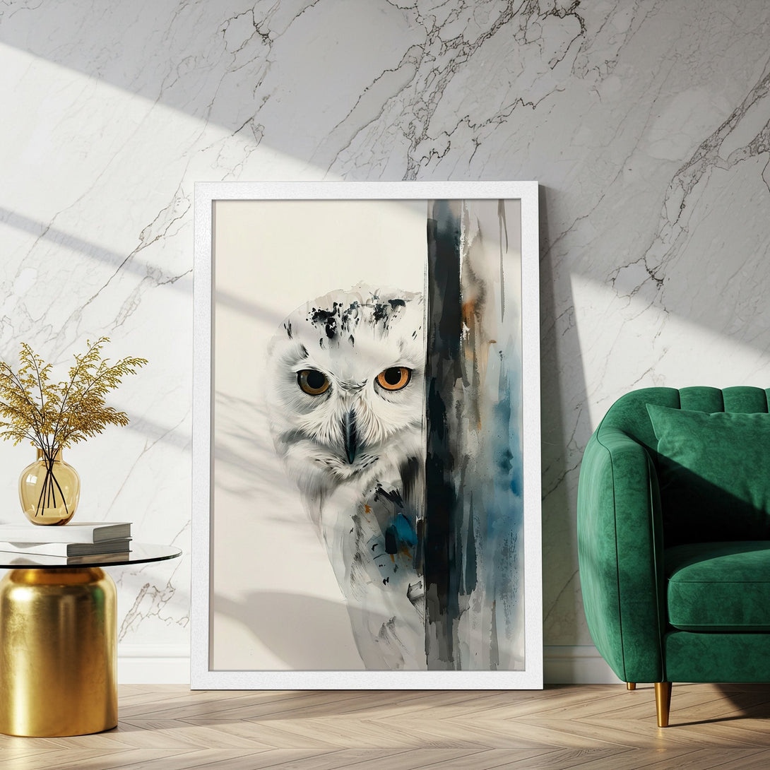 Framed Poster featuring an owl in watercolor style. Neutral and blue tones create a calming, artistic vibe. Perfect for any home!