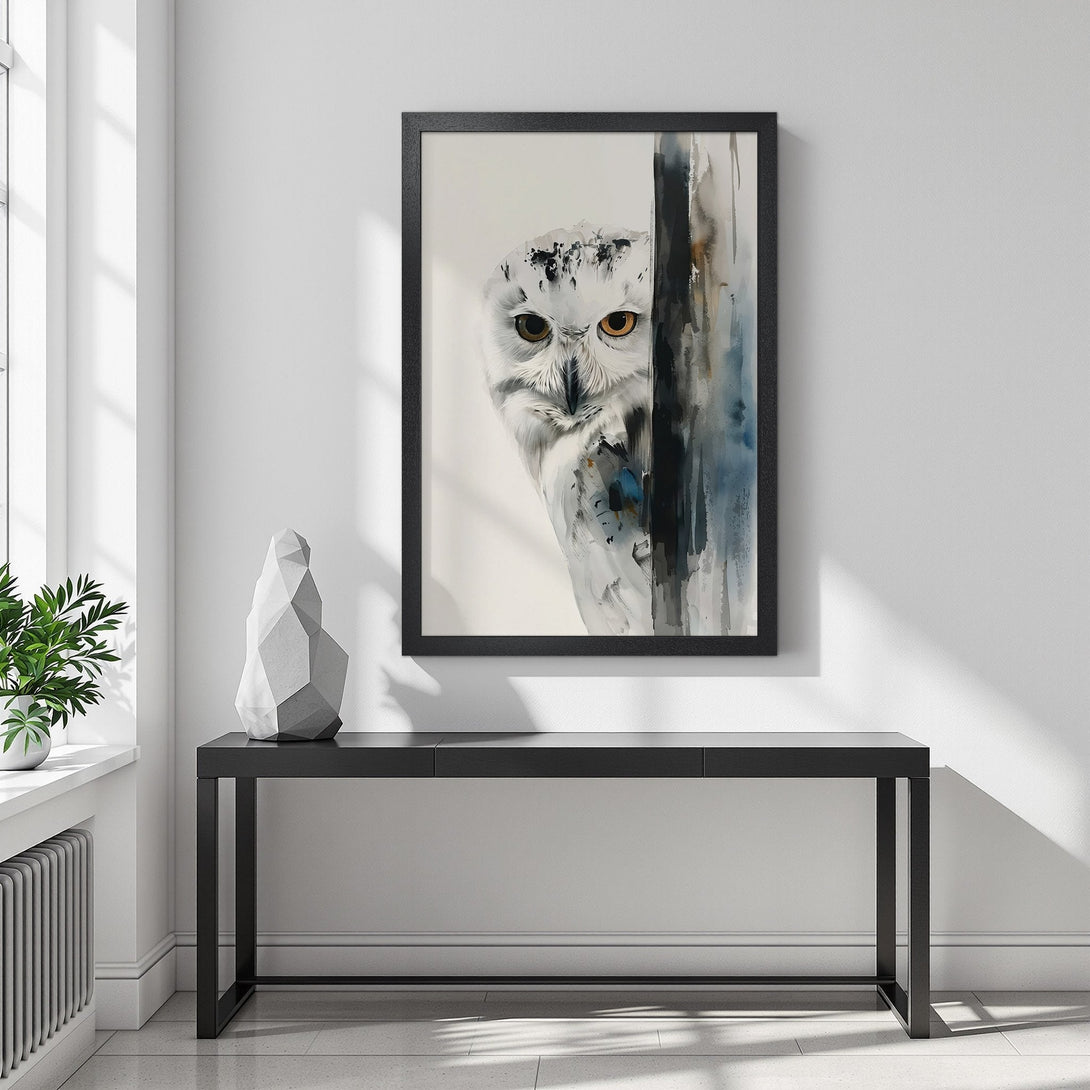 Framed Poster featuring a watercolor owl. Neutral palette with white, gray, and blue tones. Perfect wall art for any space.