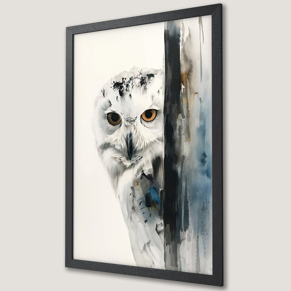 Framed Poster featuring a watercolor owl. Neutral tones with pops of blue and brown. Perfect wall art for any room.