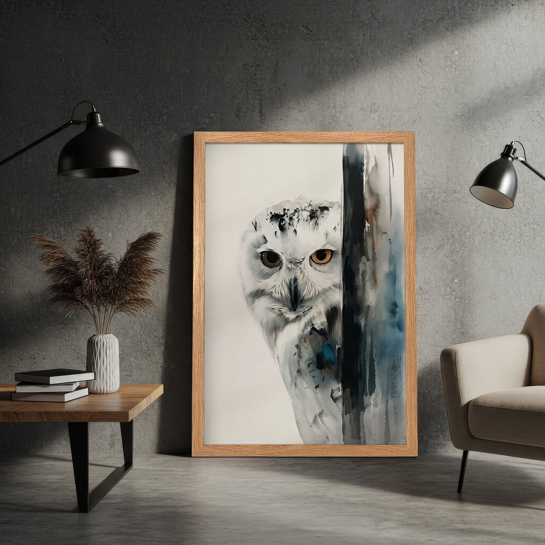 Framed Poster featuring a watercolor owl art print. Neutral color palette with black, white, and brown tones. Perfect wall decor.