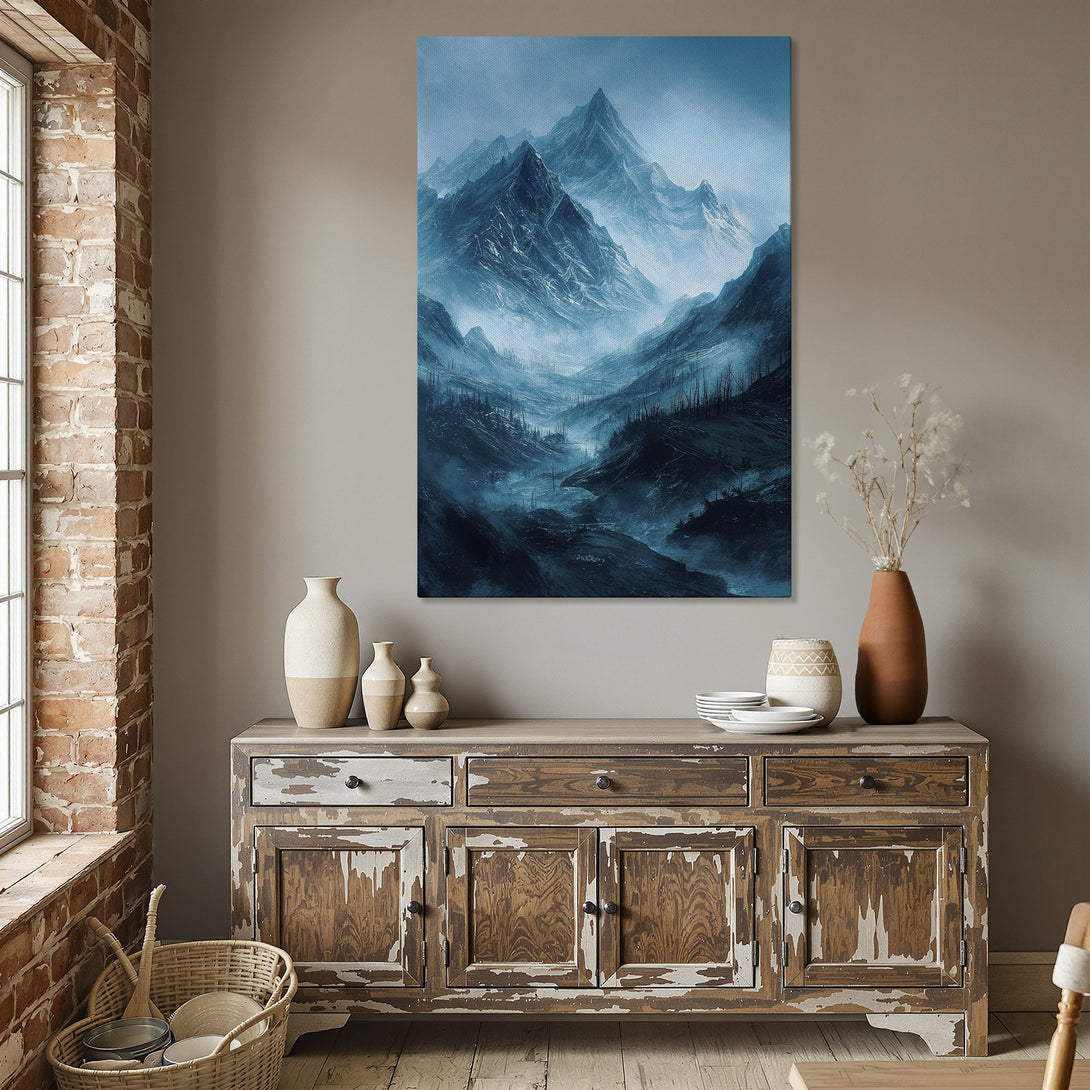 Framed Wall Art: Majestic mountain landscape Canvas Print in teal and blue tones. Modern art for living room or dining room decor.