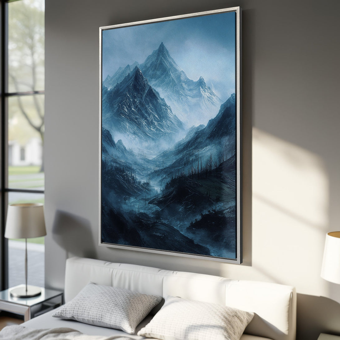 Framed Wall Art featuring a majestic mountain landscape in cool blue tones. Perfect for adding a touch of serene art to your bedroom decor.