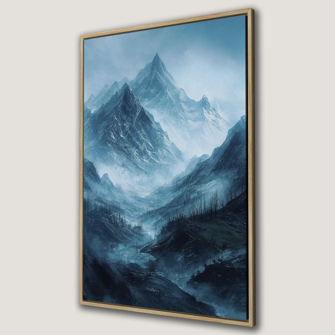 Framed Wall Art: Majestic mountain landscape Canvas Print in cool blue tones. Evokes a serene, artistic atmosphere. Perfect for adding a touch of nature to your home.