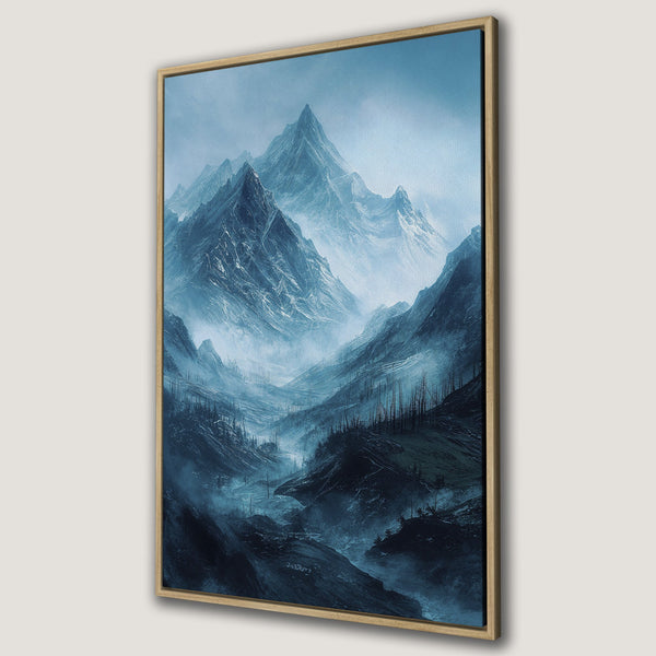 Framed Wall Art: Majestic mountain landscape Canvas Print in cool blue tones. Evokes a serene, artistic atmosphere. Perfect for adding a touch of nature to your home.