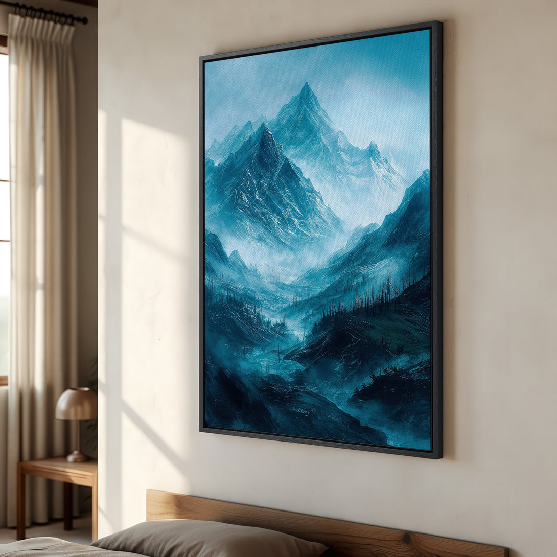 Framed Wall Art: Majestic mountain landscape Canvas Print in cool blue tones. Enhance your home decor with this stunning, artistic piece.