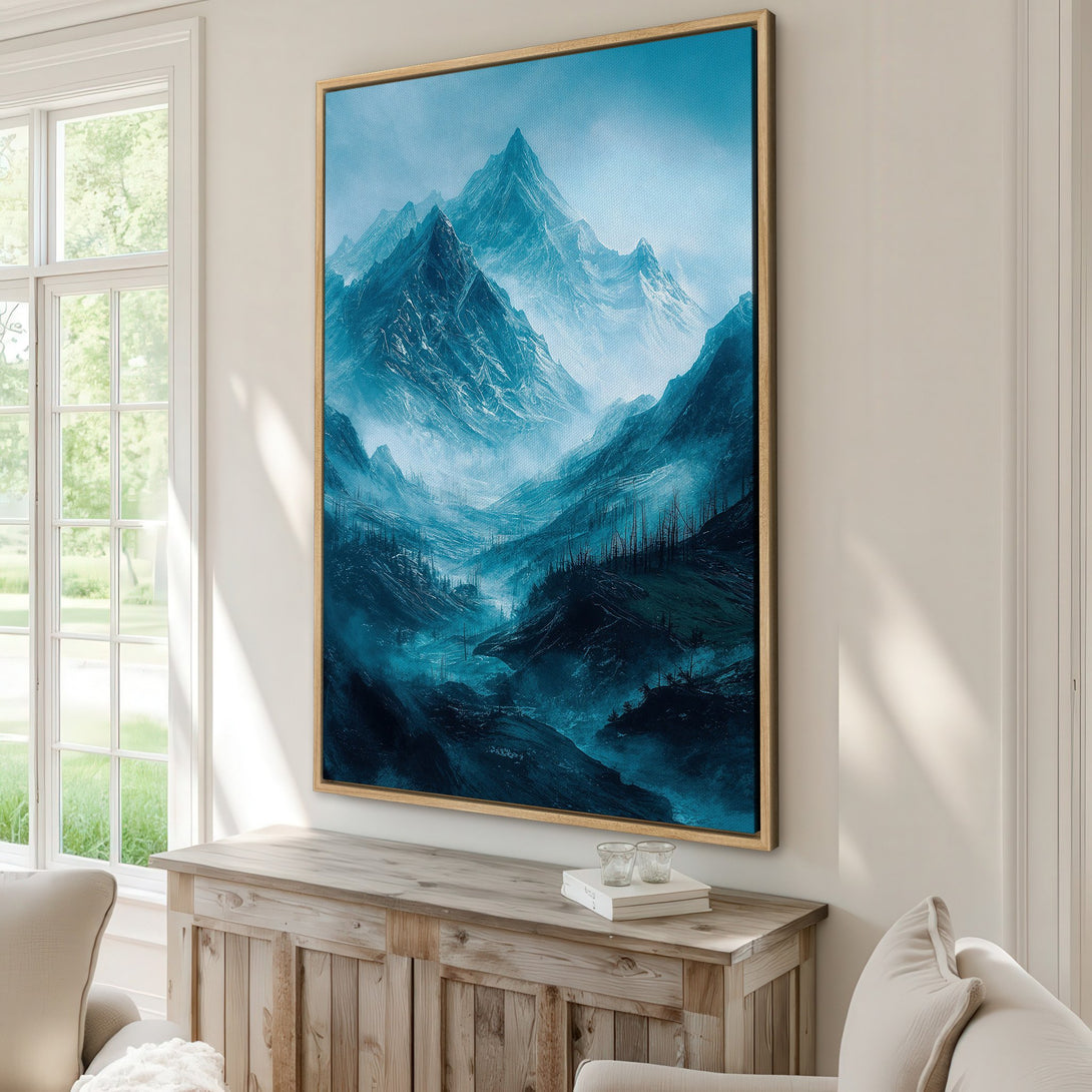 Framed Wall Art: Majestic mountain landscape Canvas Print in cool blue tones. Elevate your space with this stunning artwork, perfect for creating a serene atmosphere.
