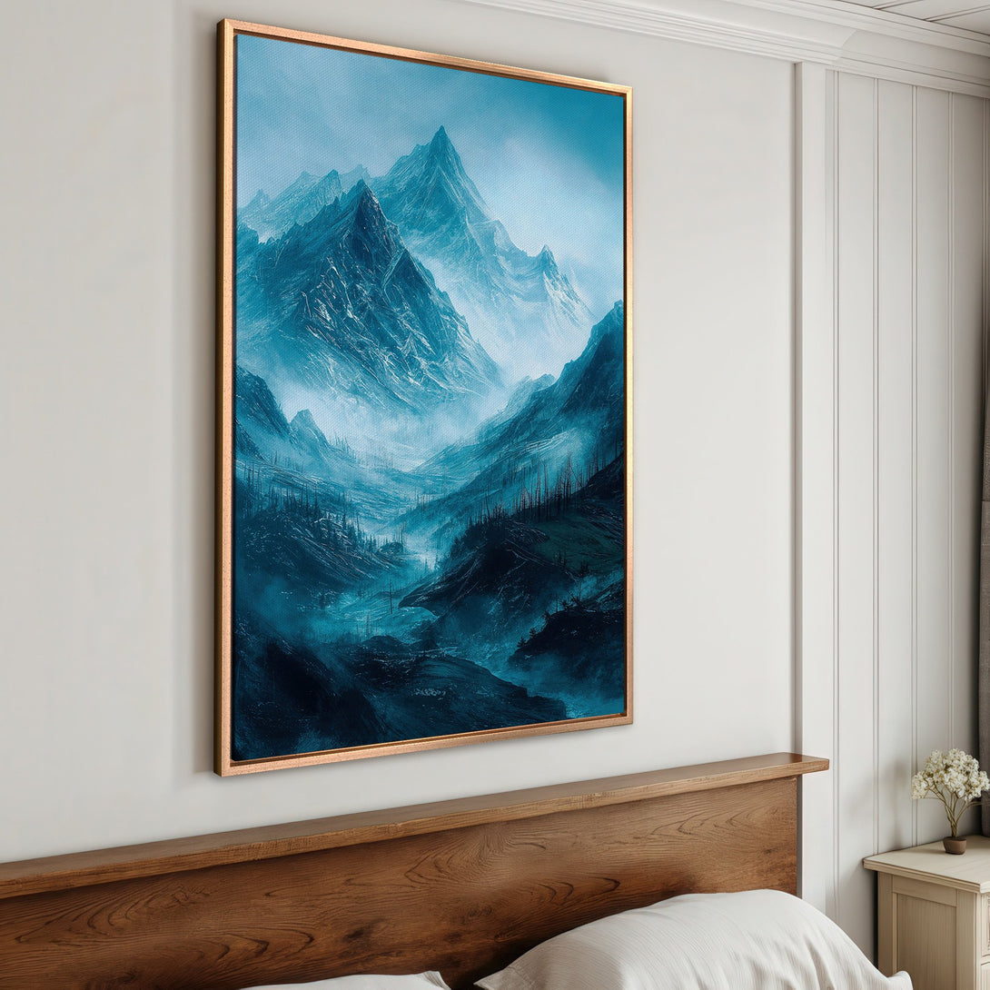 Framed Wall Art: Majestic mountain landscape canvas print in cool blue tones. Elevate your space with this stunning, artistic piece. Perfect for any room!