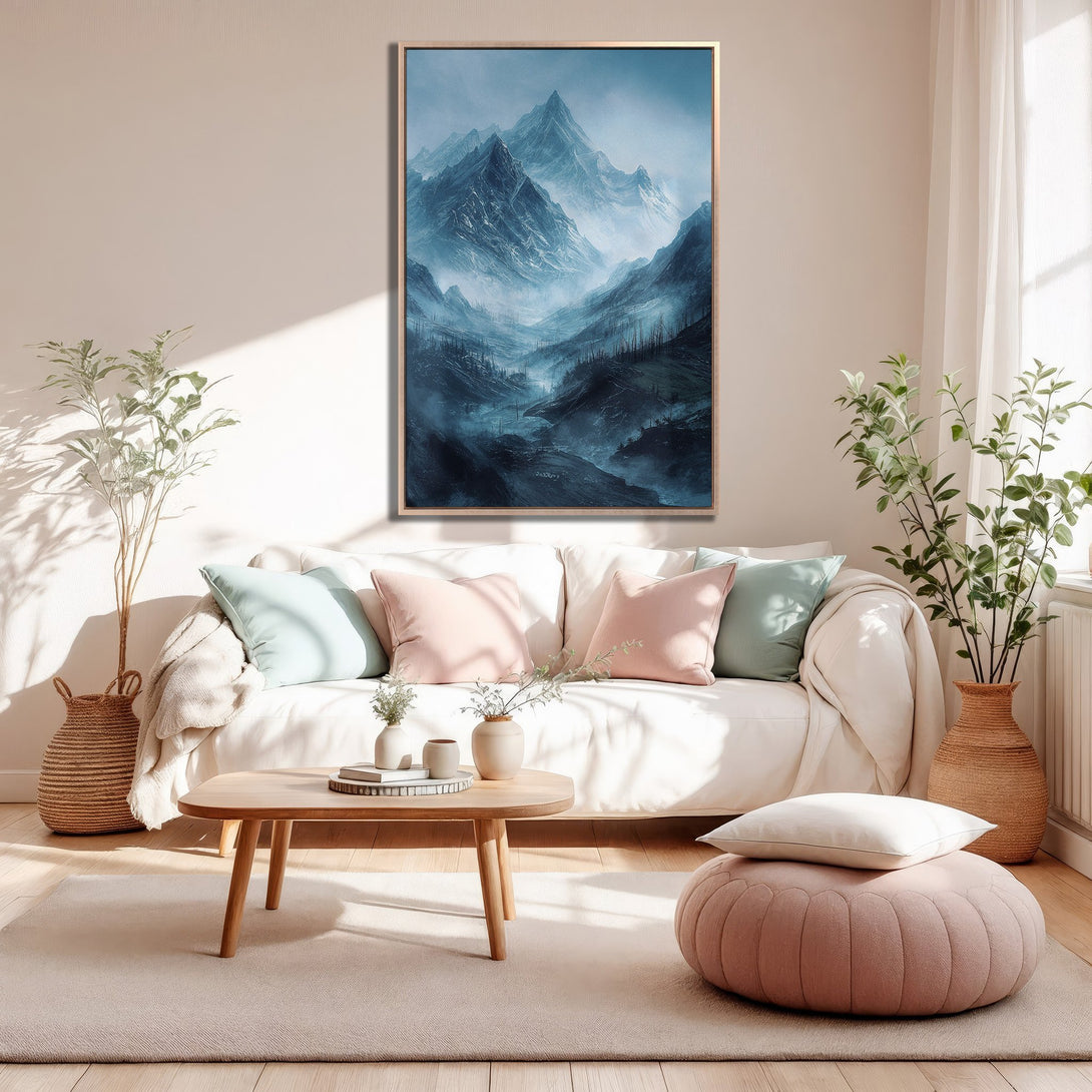 Framed Wall Art: Majestic mountain landscape Canvas Print in cool blue tones. Perfect for adding a touch of serene beauty to your living room decor.