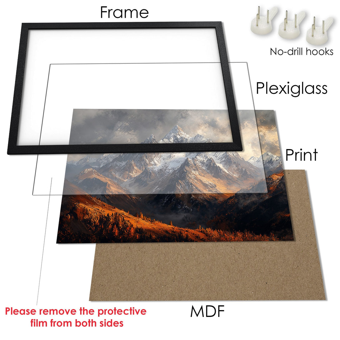 Framed Poster of majestic mountain landscape art. Earthy tones and dramatic lighting. Perfect wall decor.