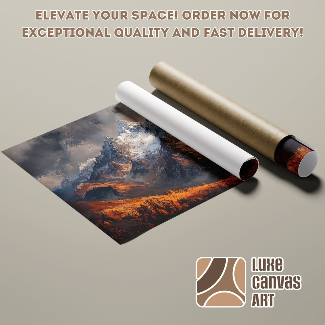 Mountain landscape poster roll in warm tones. Elevate your space with this stunning art!