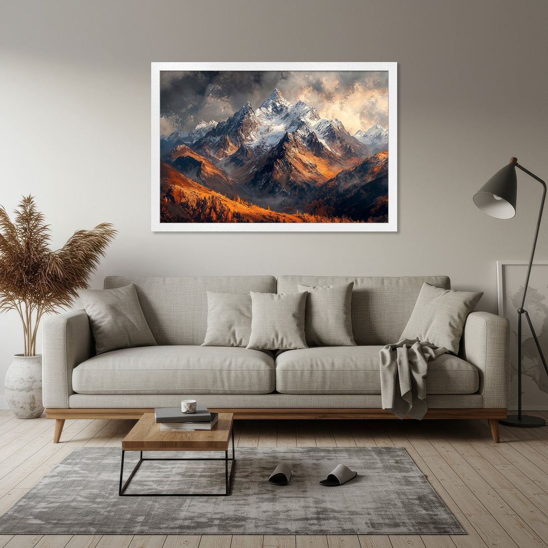 Framed Poster of majestic mountains in warm, golden hues. Stunning landscape art for your home.