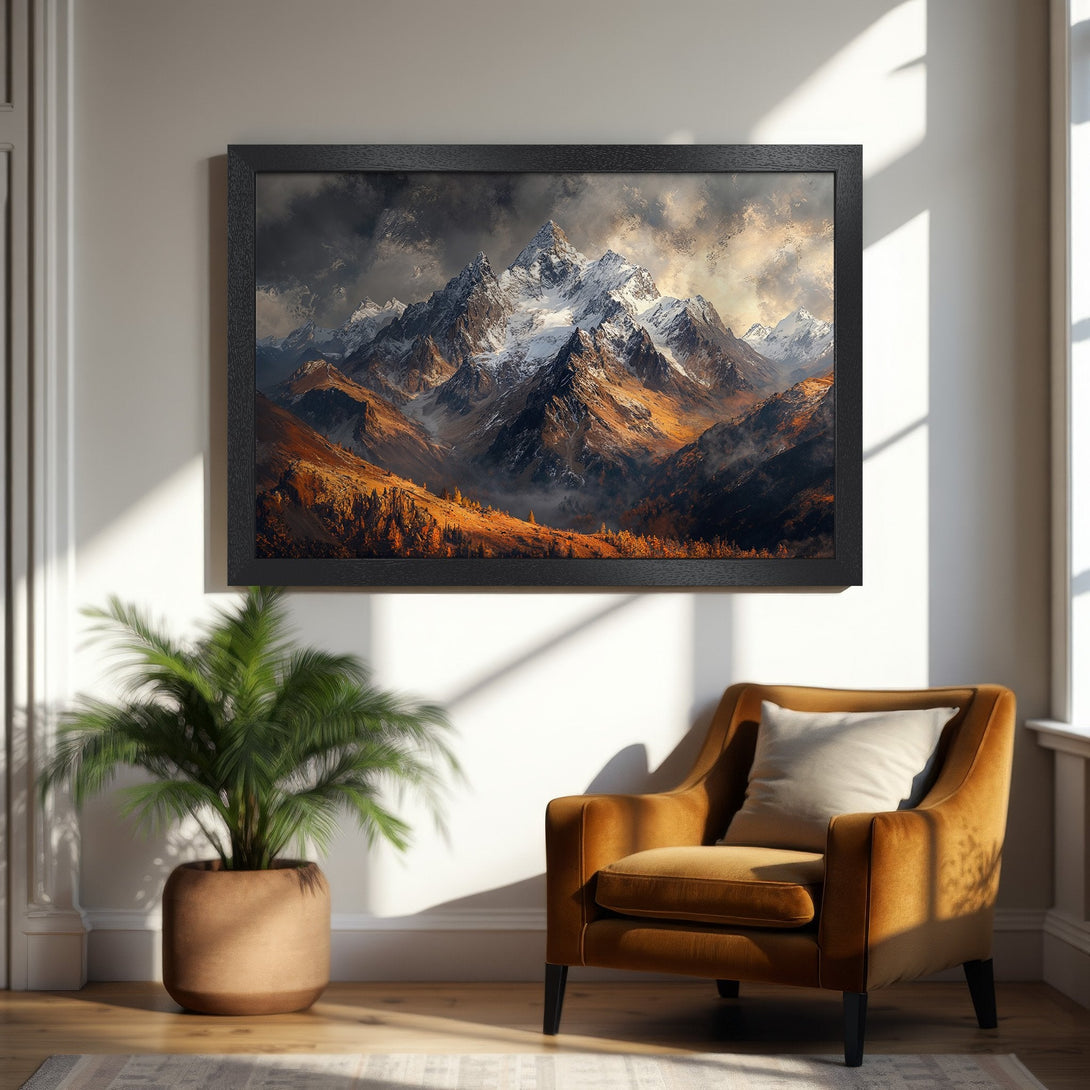 Framed Poster of majestic mountain landscape, warm autumn tones, perfect for home decor. Enhance your space with this stunning art.