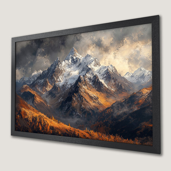 Framed Poster of majestic mountain landscape art, featuring a warm color palette and dramatic style.
