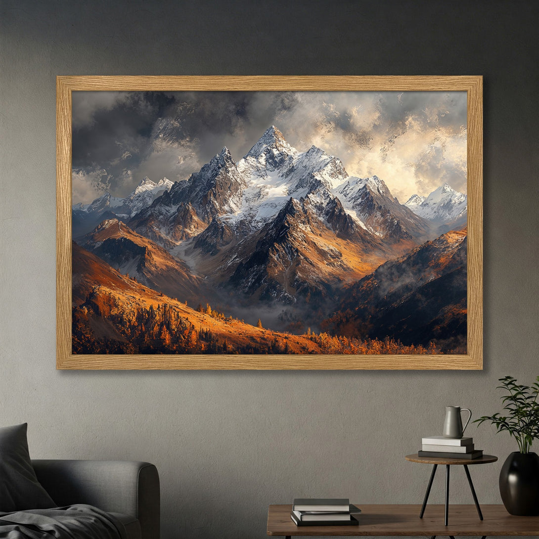 Framed Poster of majestic mountain landscape in warm autumn colors. Perfect wall art for nature lovers.