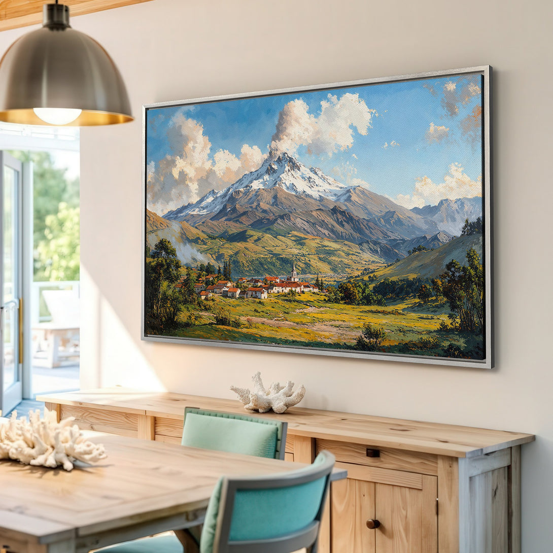 Framed Wall Art of a mountain landscape in a dining room. Beautiful canvas print with a warm, natural color palette. Perfect home decor piece.