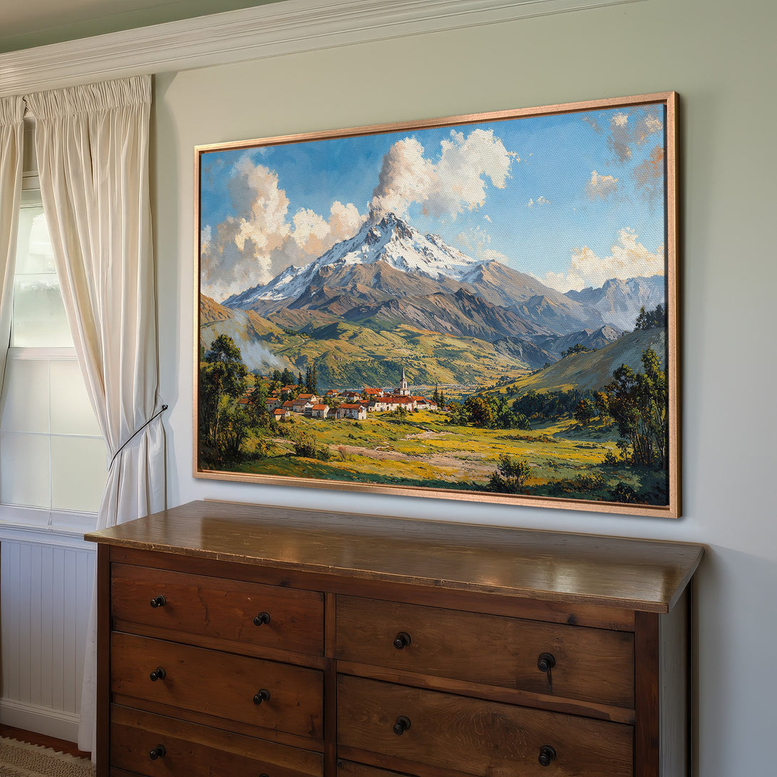 Framed Wall Art: Mountain landscape canvas print with a warm color palette. Perfect for adding a touch of nature to your home decor.