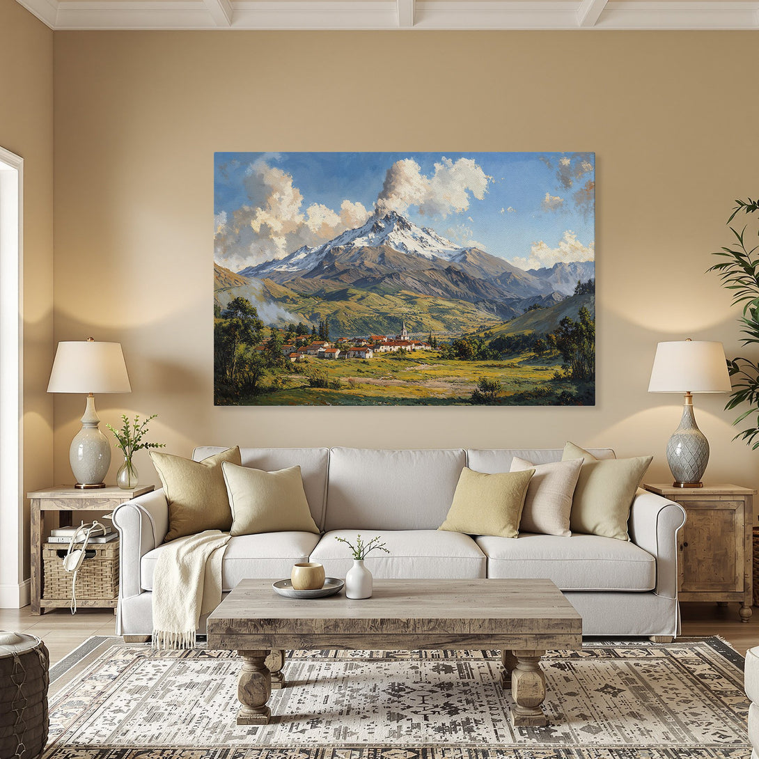 Framed Wall Art: Mountain landscape Canvas Print in a warm, inviting interior. Features a vibrant blue, green, and brown color palette.