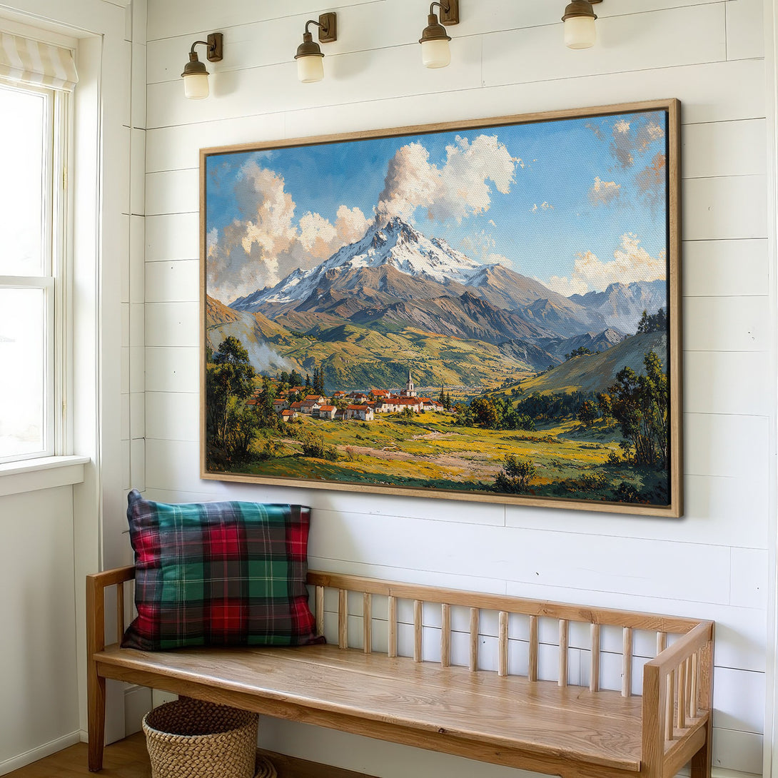 Framed Wall Art: Mountain landscape canvas print with vibrant blues, greens, and yellows. Rustic art for home decor, perfect for adding a touch of nature.