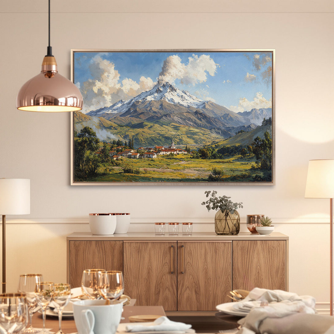 Framed Wall Art: Mountain landscape canvas print in warm tones. Enhance your home decor with this stunning artwork featuring a serene mountain scene.