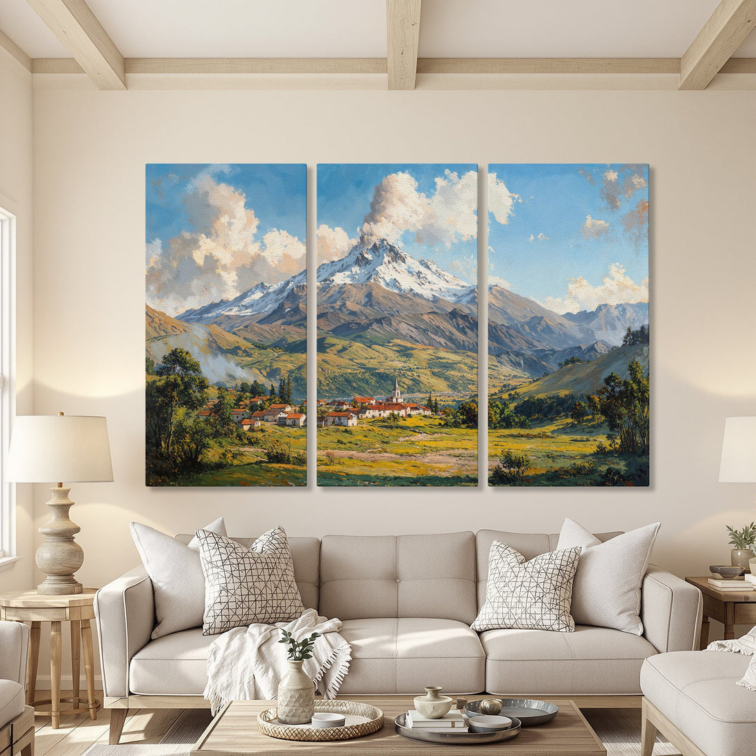 Canvas Print of a mountain landscape painting. Blue, green, and white color palette. Perfect wall art for a living room.