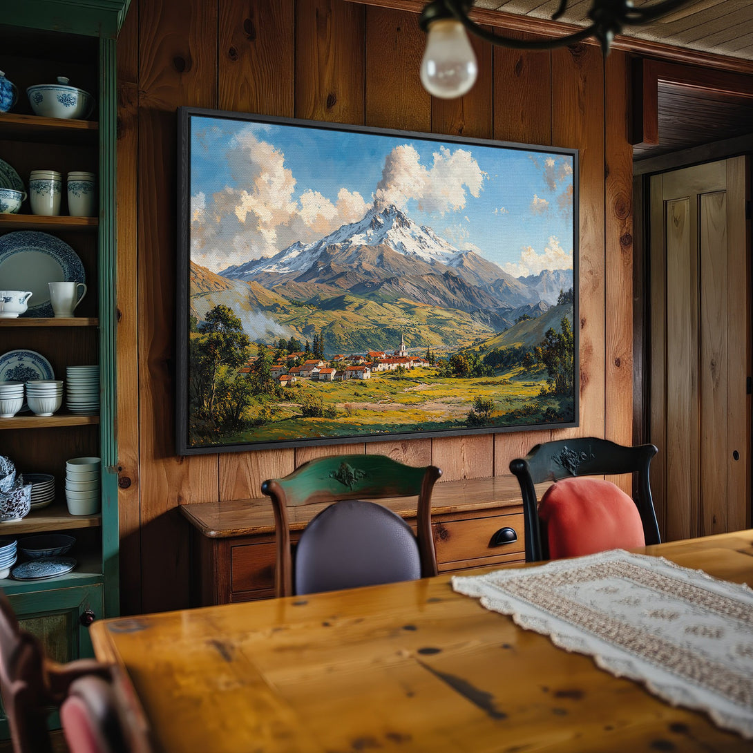 Framed Wall Art: Mountain landscape canvas print in warm tones. Rustic style artwork with a blue, green, and brown color palette. Perfect for home decor.