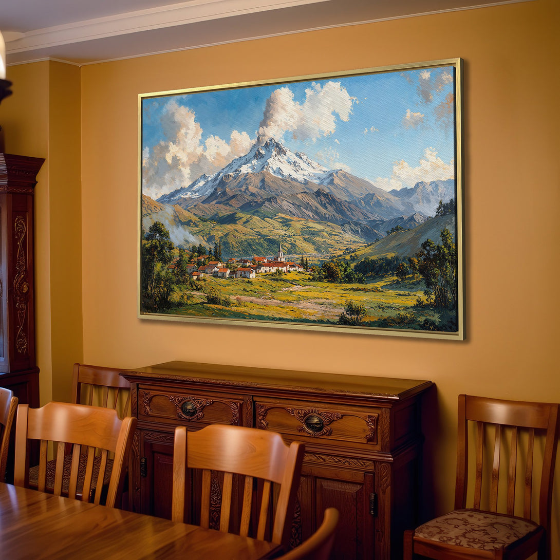 Canvas Print of a mountain landscape painting in a warm, neutral color palette. Adds a touch of classic art to any interior.