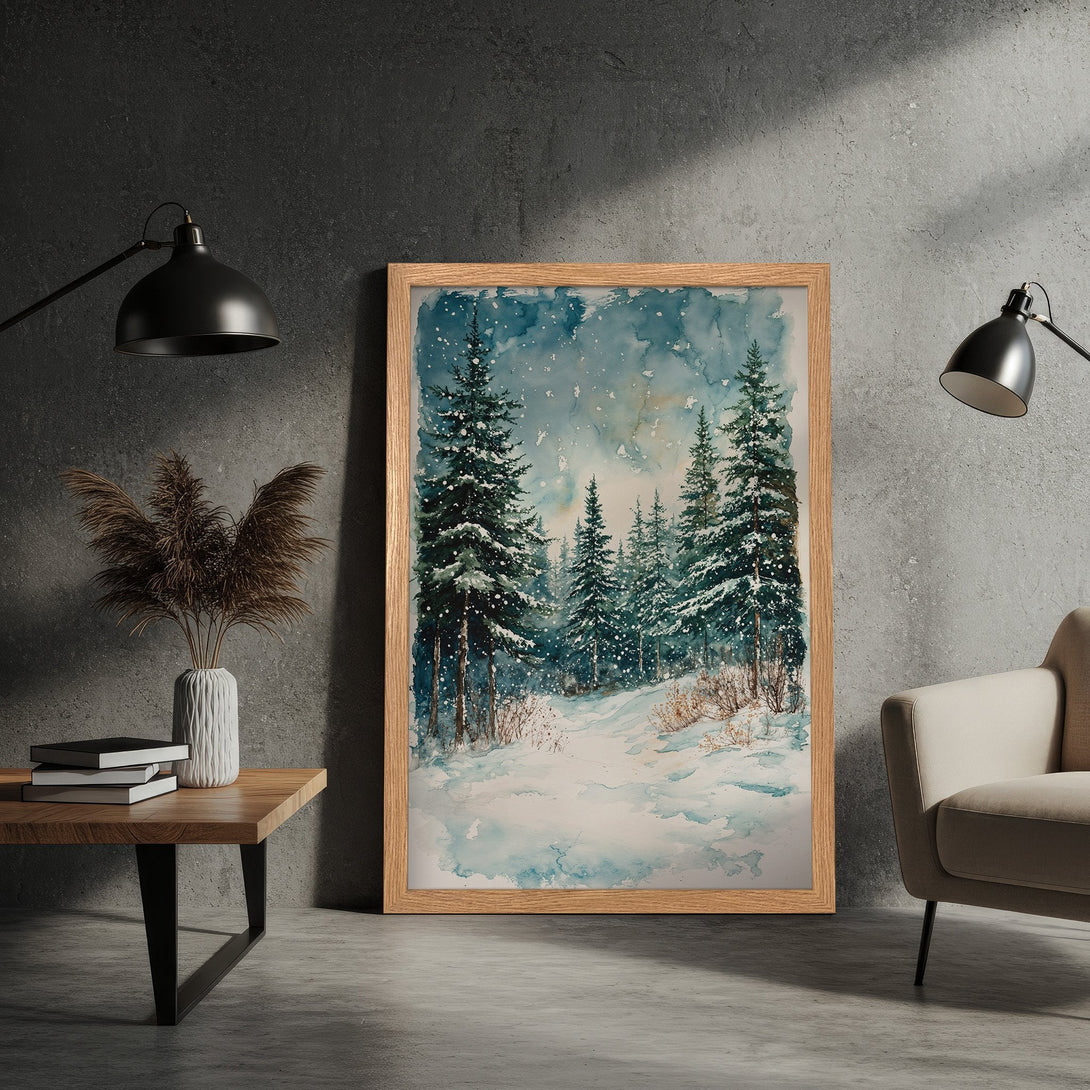 Framed Poster featuring a watercolor winter forest scene. Serene blue and green palette, perfect for cozy decor. Bring nature indoors with this art print!