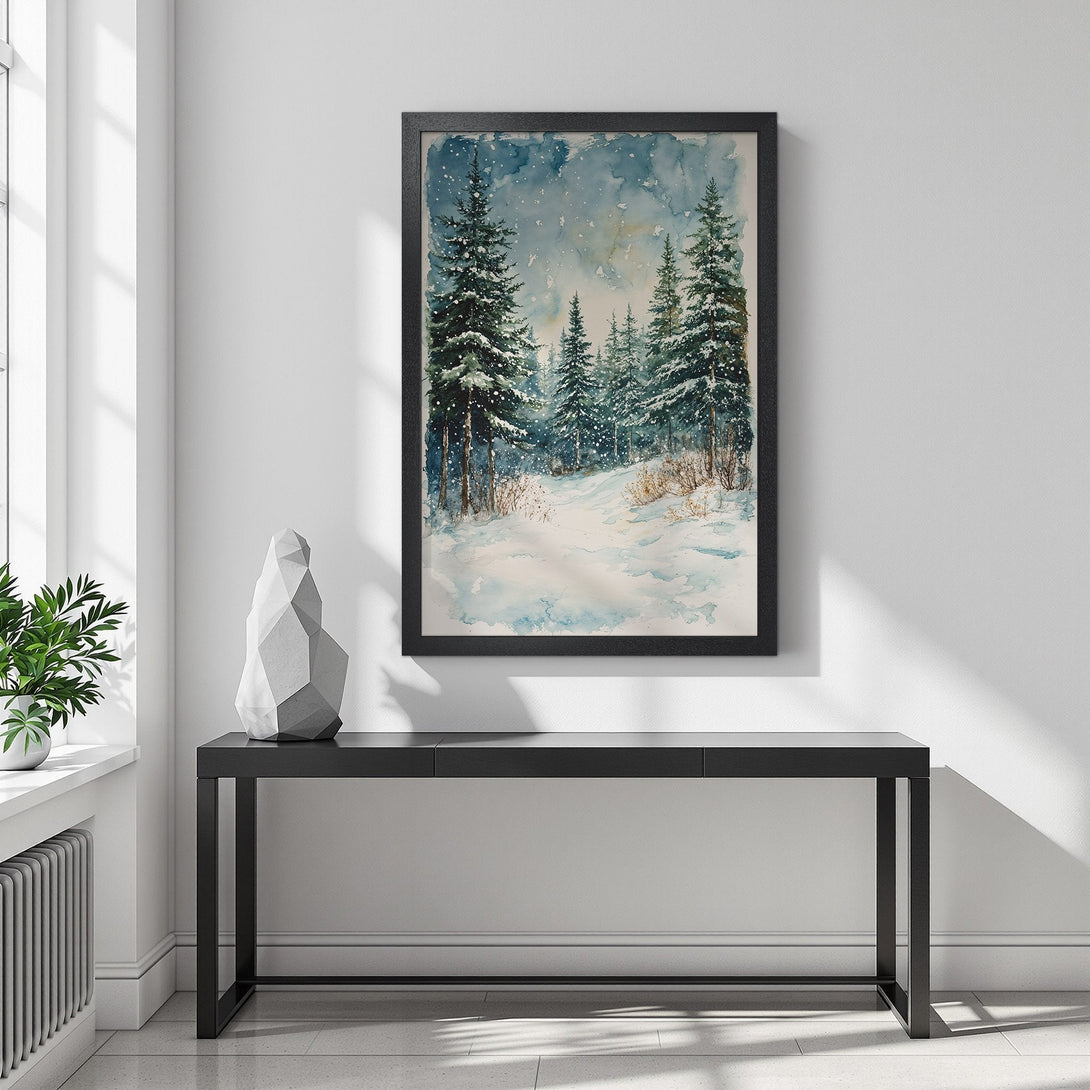 Framed Poster of a winter watercolor forest scene. Serene art with blue, green, and white hues. Perfect for home decor.